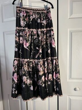 Rachel Zoe Black Maxi Skirt with Pink Floral & Green Accents